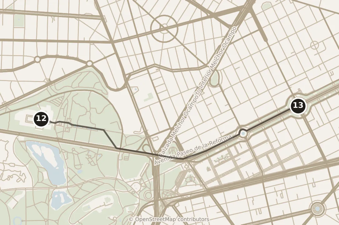 Map of Mexico City, evening: stop 13, numbered in walking order.