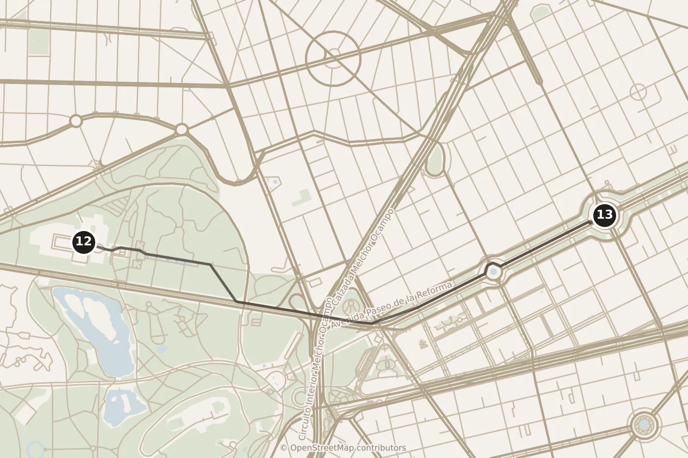 Map of Mexico City, evening: stop 13, numbered in walking order.