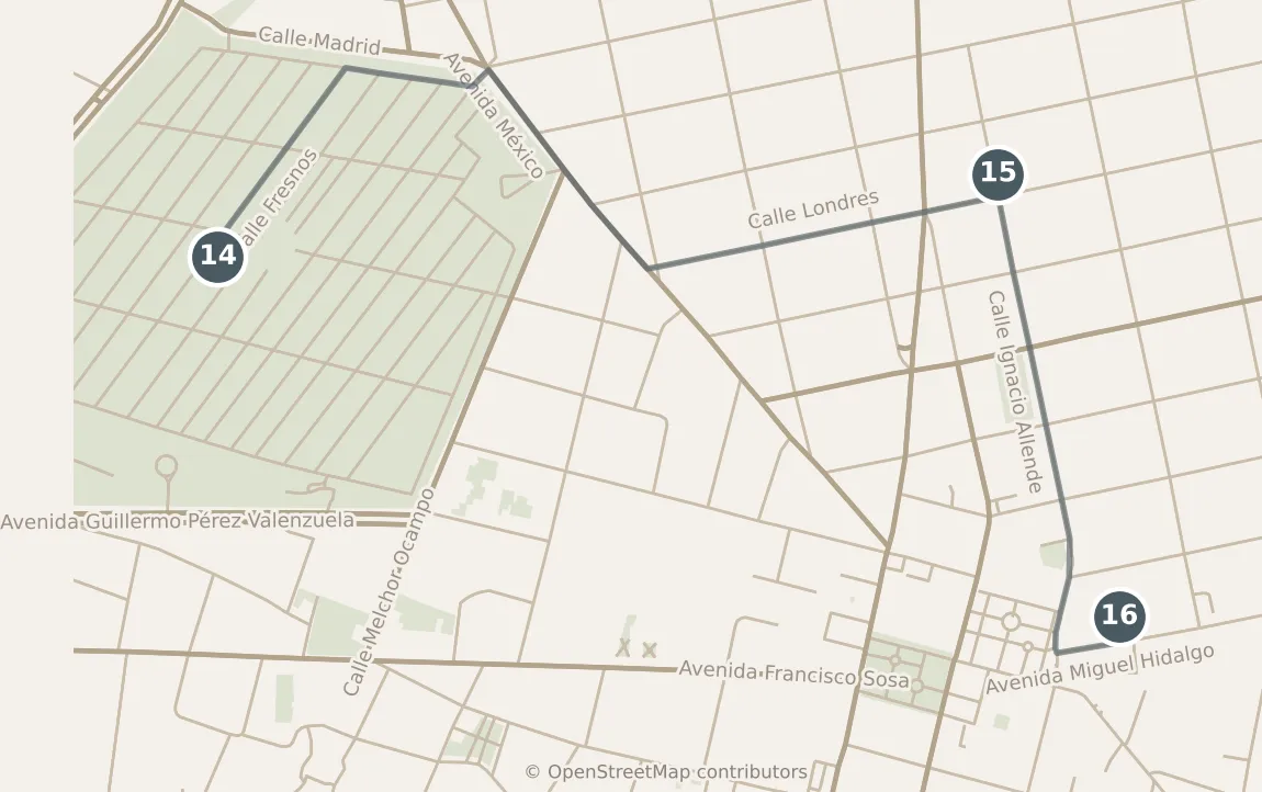 Map of Mexico City, with a third day: stops 14–16, numbered in walking order.