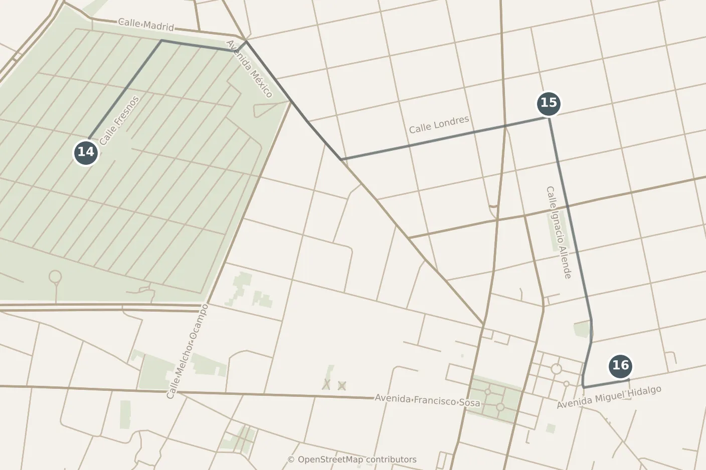 Map of Mexico City, with a third day: stops 14–16, numbered in walking order.