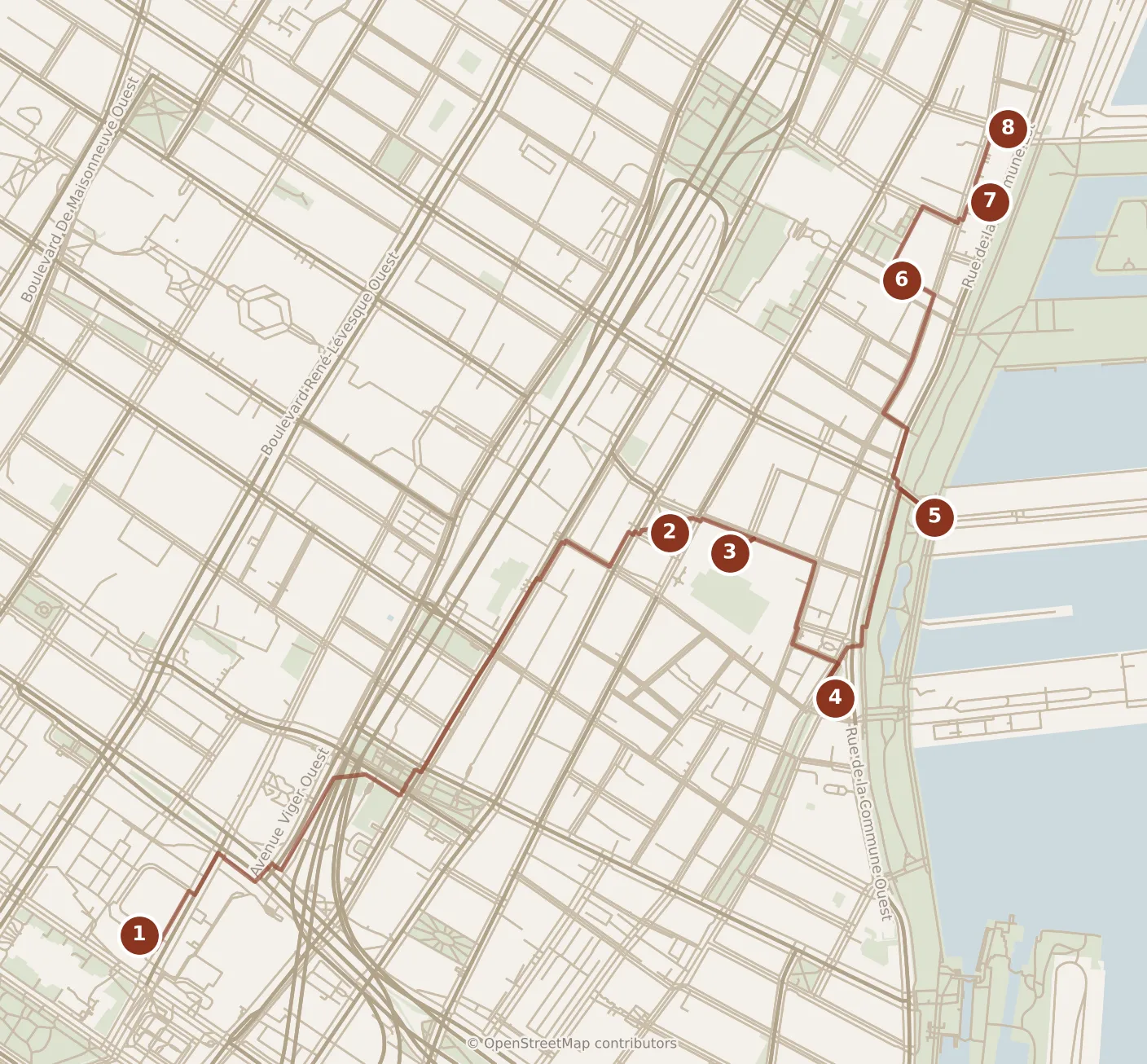 Map of Montréal, morning: stops 1–8, numbered in walking order.
