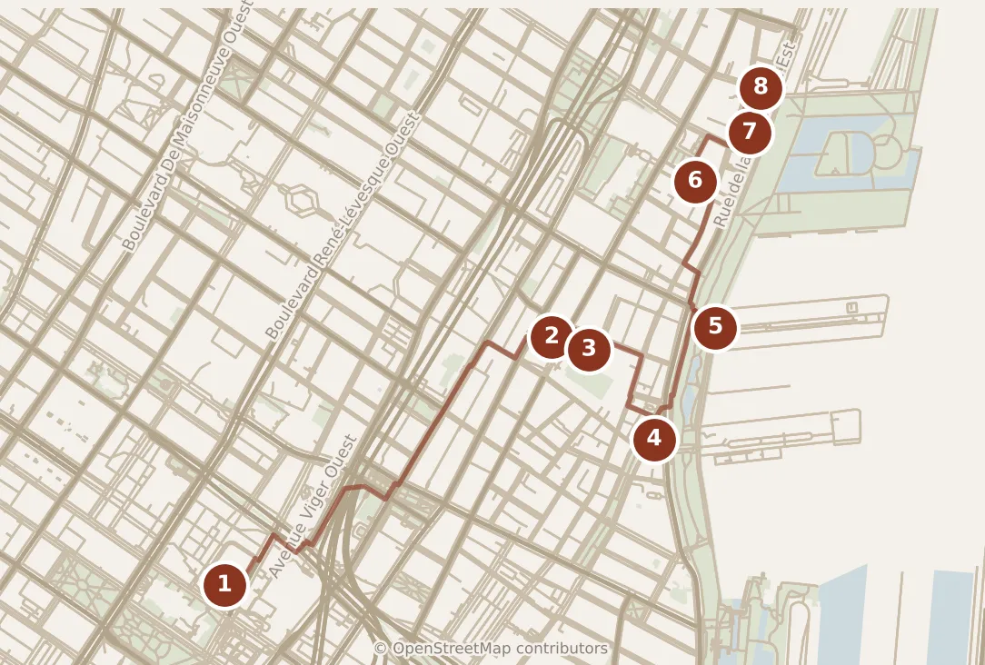 Map of Montréal, morning: stops 1–8, numbered in walking order.