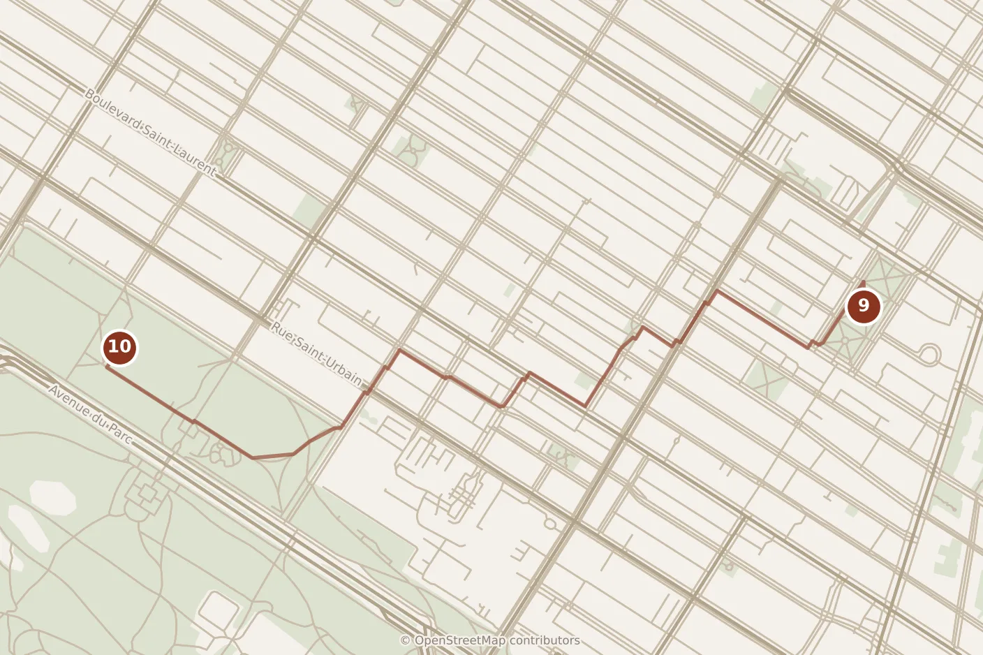 Map of Montréal, afternoon: stops 9–10, numbered in walking order.