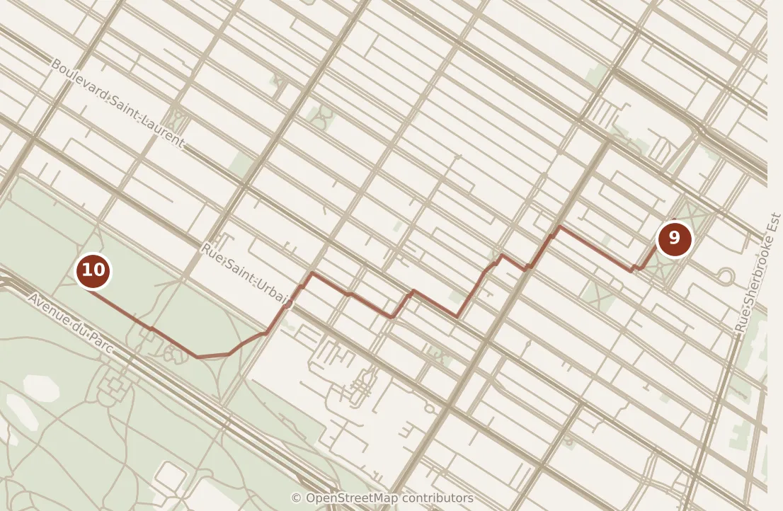 Map of Montréal, afternoon: stops 9–10, numbered in walking order.