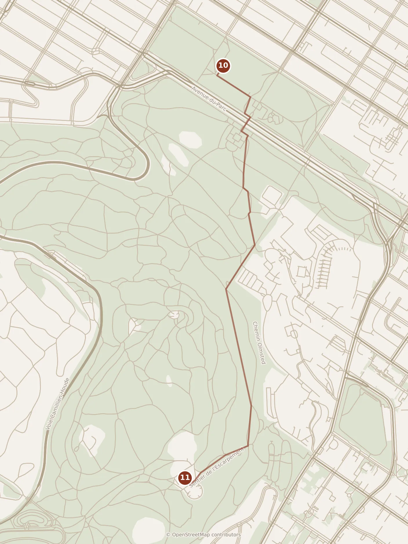Map of Montréal, evening: stop 11, numbered in walking order.