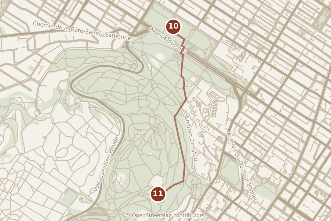 Map of Montréal, evening: stop 11, numbered in walking order.
