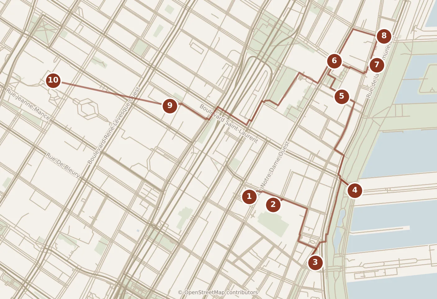 Map of Montréal, day one: stops 1–10, numbered in walking order.