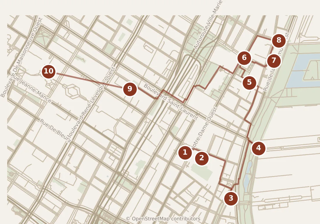 Map of Montréal, day one: stops 1–10, numbered in walking order.