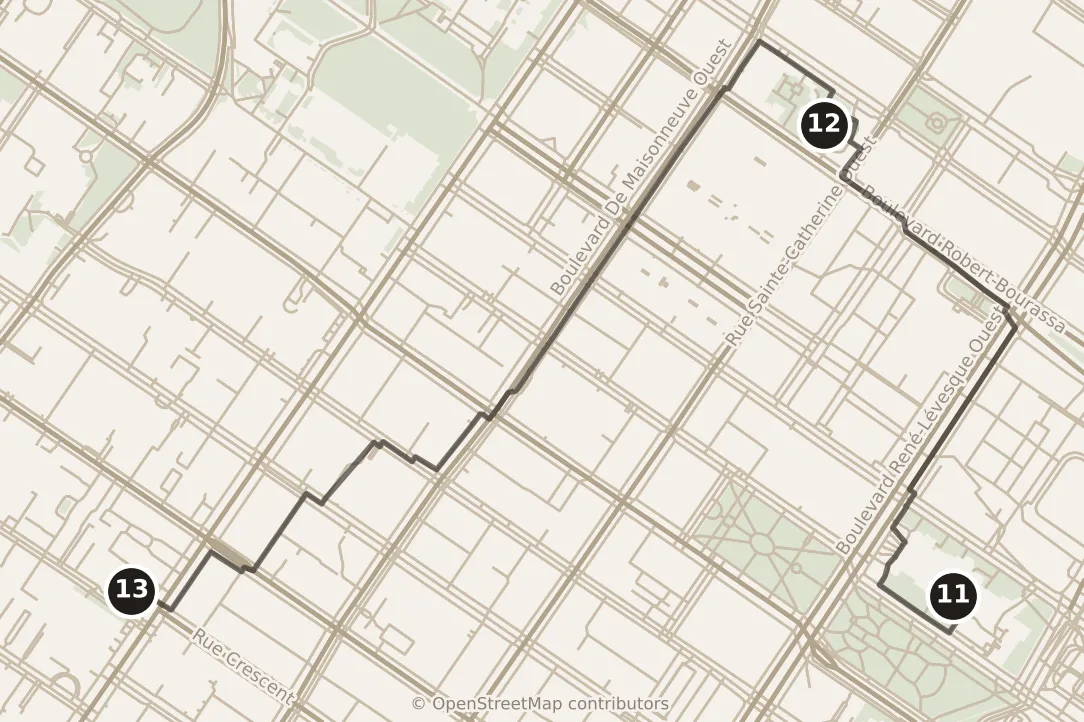 Map of Montréal, morning: stops 11–13, numbered in walking order.