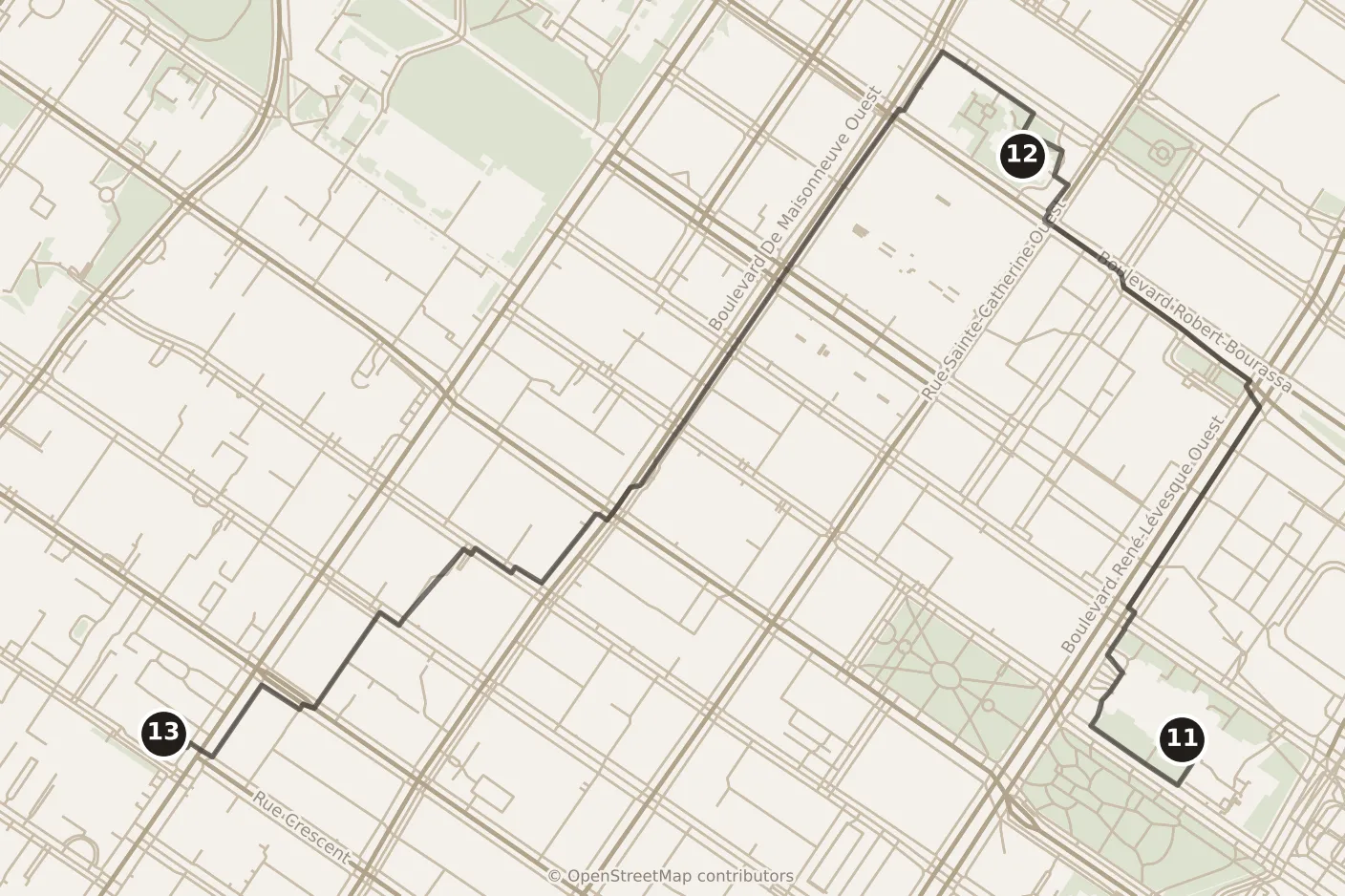 Map of Montréal, morning: stops 11–13, numbered in walking order.