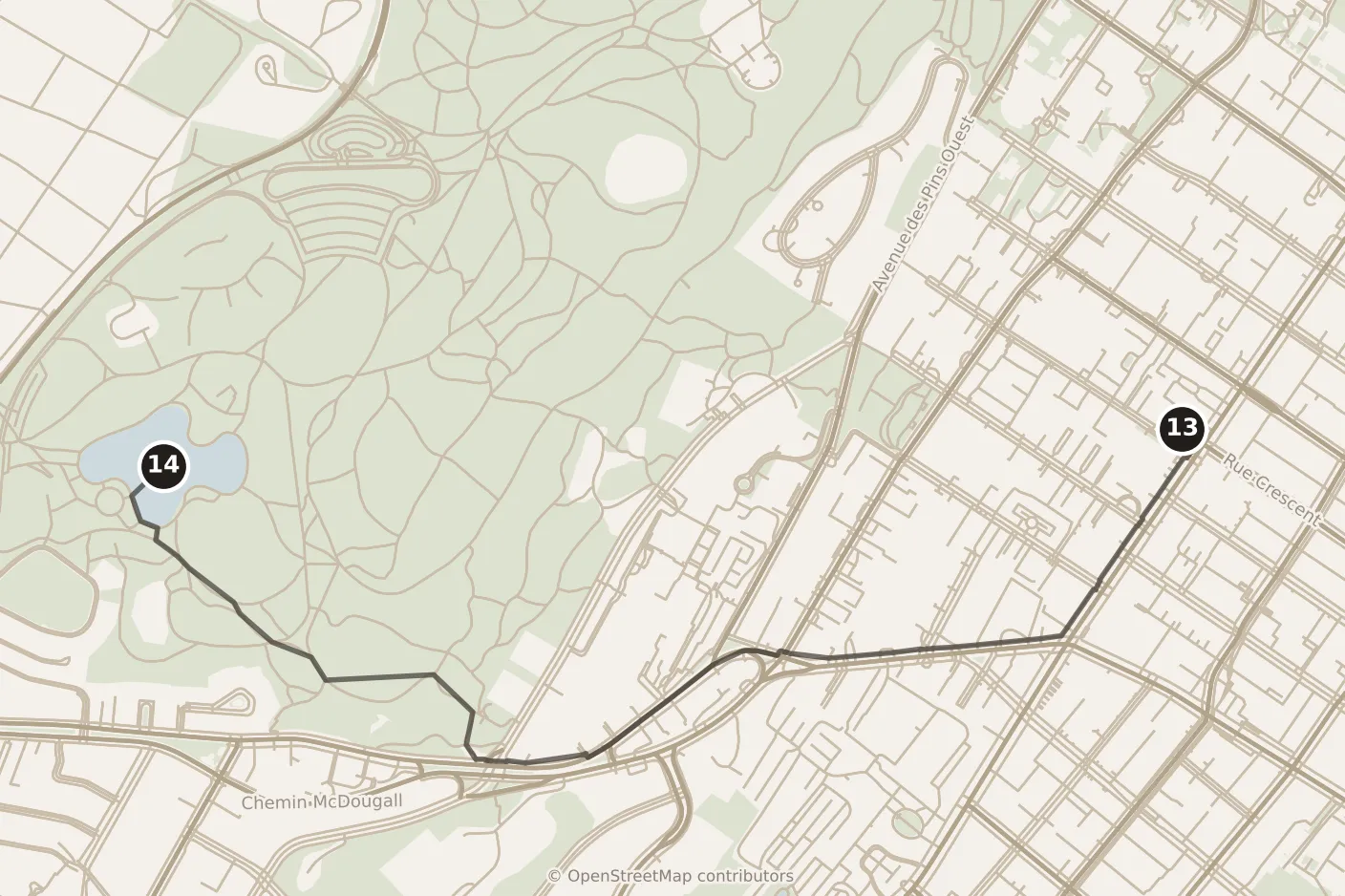 Map of Montréal, afternoon: stop 14, numbered in walking order.
