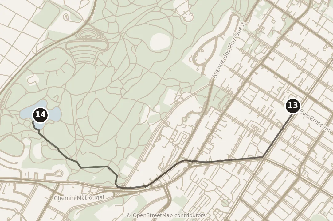 Map of Montréal, afternoon: stop 14, numbered in walking order.