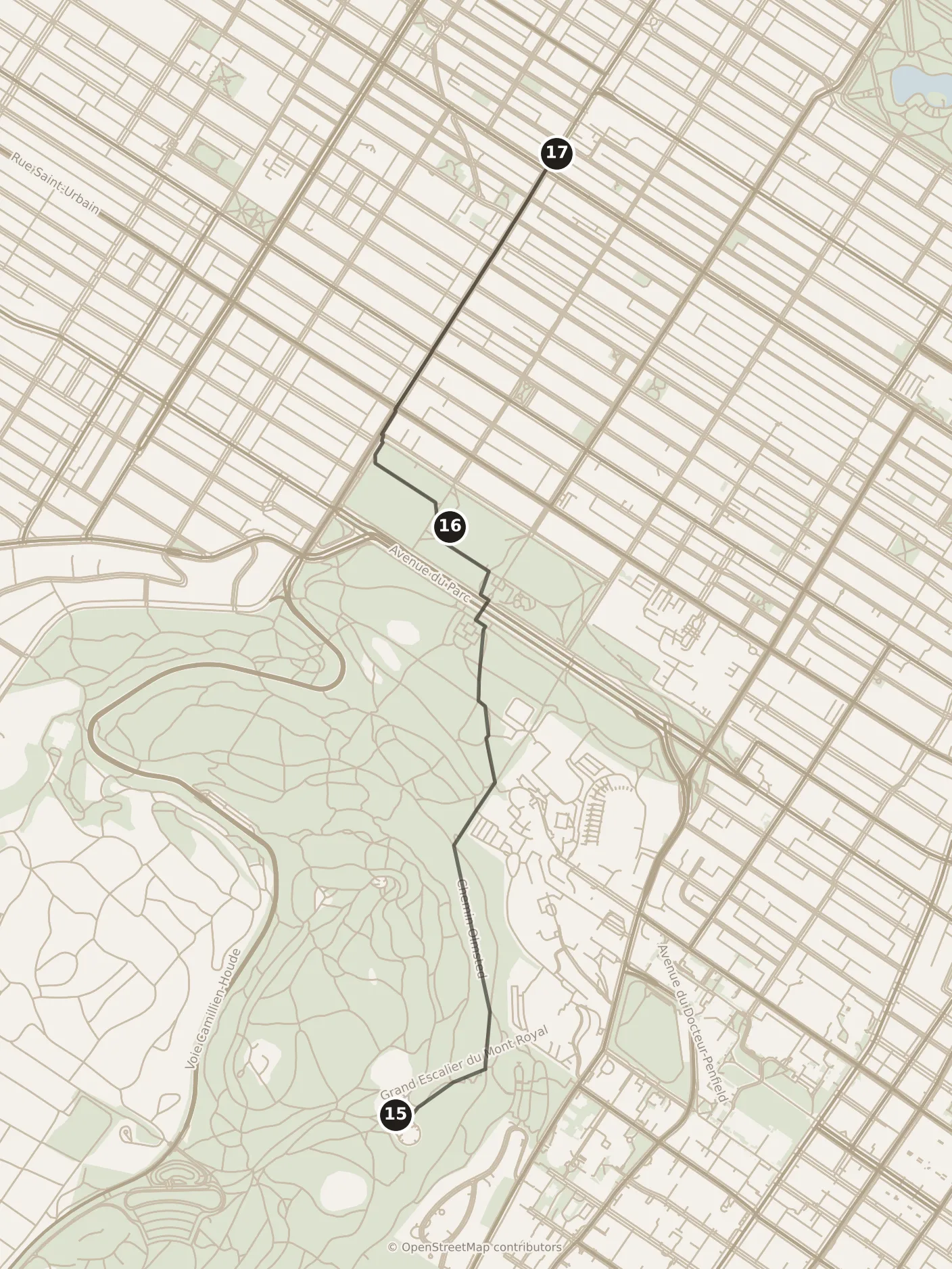 Map of Montréal, evening: stops 15–17, numbered in walking order.