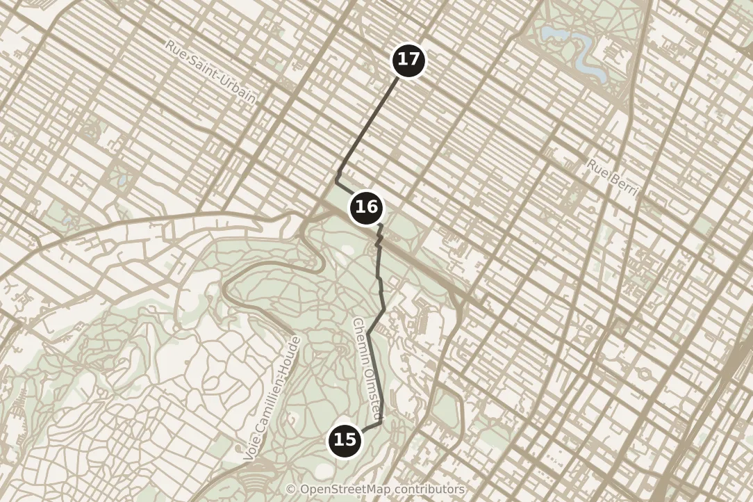 Map of Montréal, evening: stops 15–17, numbered in walking order.