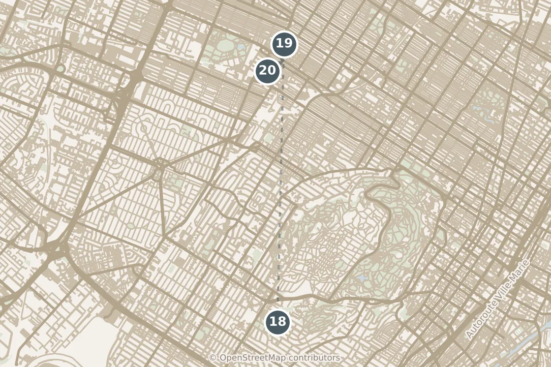 Map of Montréal, with a third day: stops 18–20, numbered in walking order.