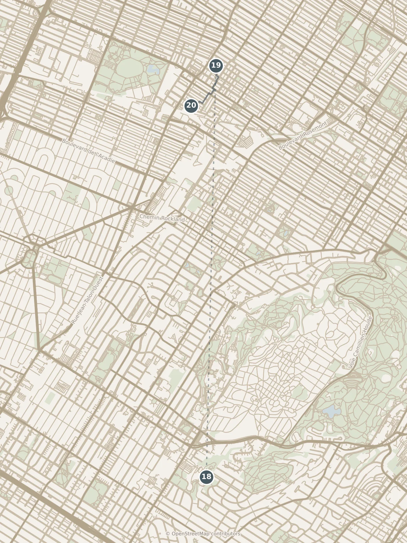 Map of Montréal, with a third day: stops 18–20, numbered in walking order.