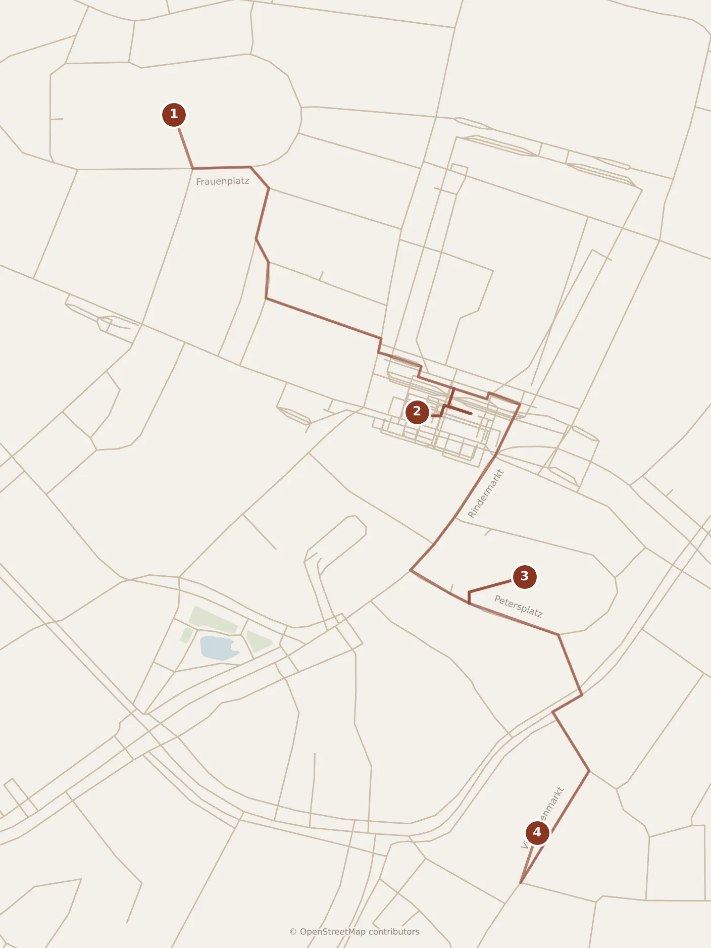 Map of Munich, morning: stops 1–4, numbered in walking order.
