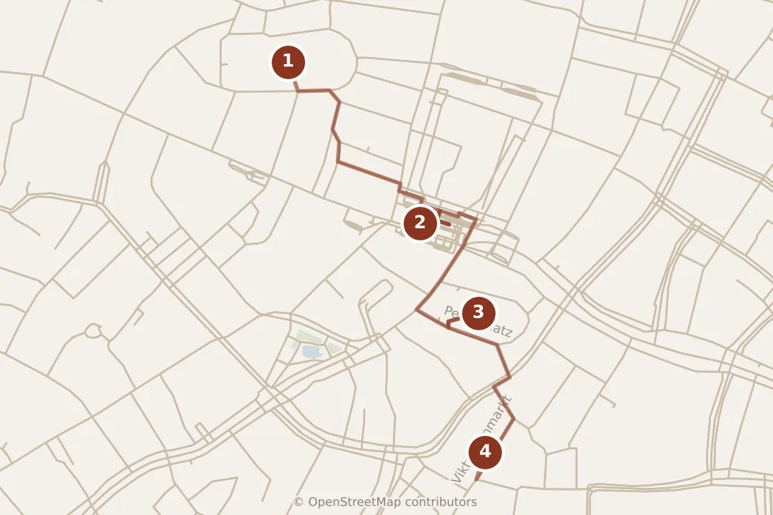 Map of Munich, morning: stops 1–4, numbered in walking order.