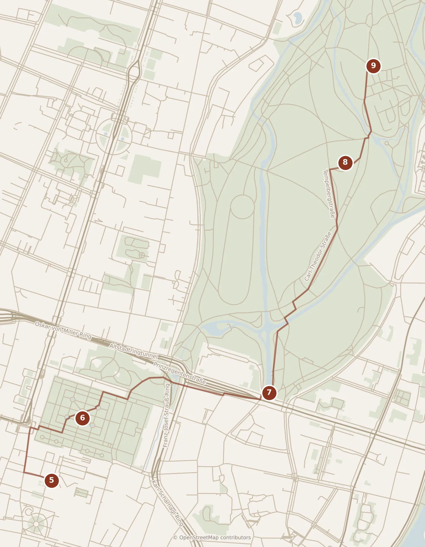 Map of Munich, afternoon and evening: stops 5–9, numbered in walking order.