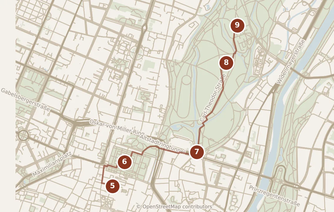 Map of Munich, afternoon and evening: stops 5–9, numbered in walking order.