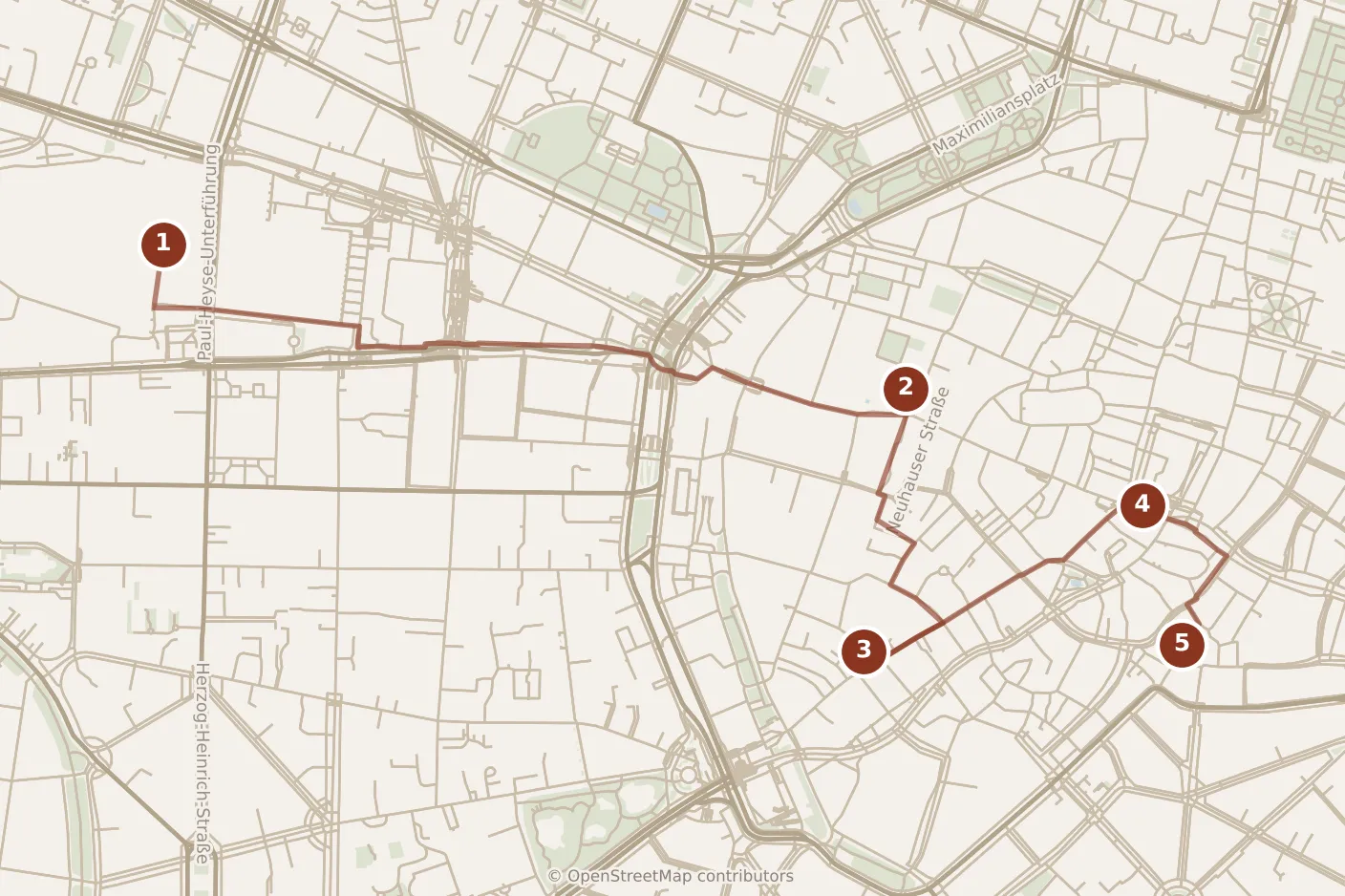Map of Munich, morning: stops 1–5, numbered in walking order.
