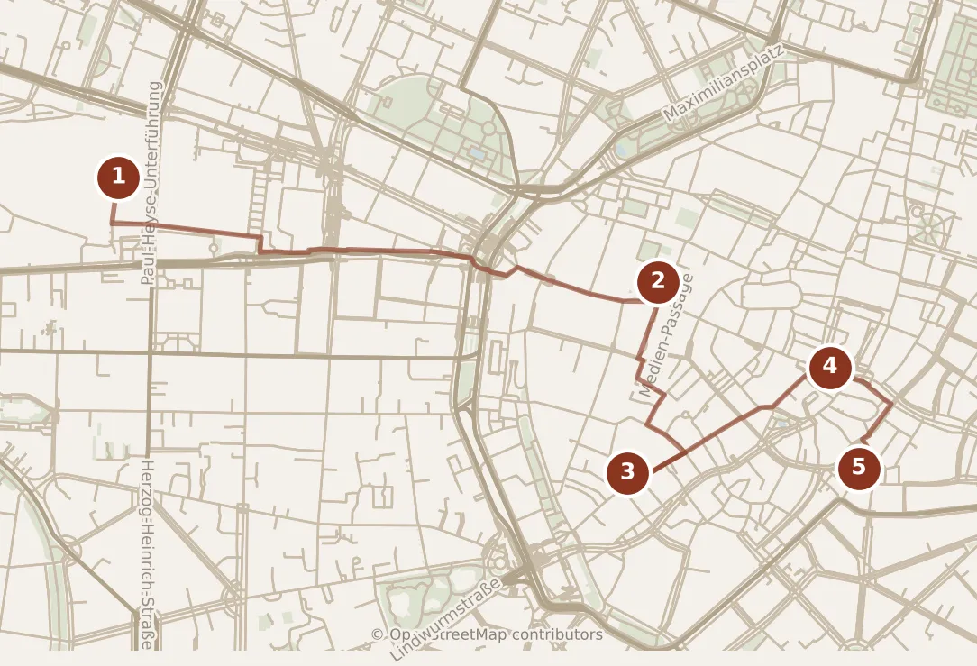 Map of Munich, morning: stops 1–5, numbered in walking order.