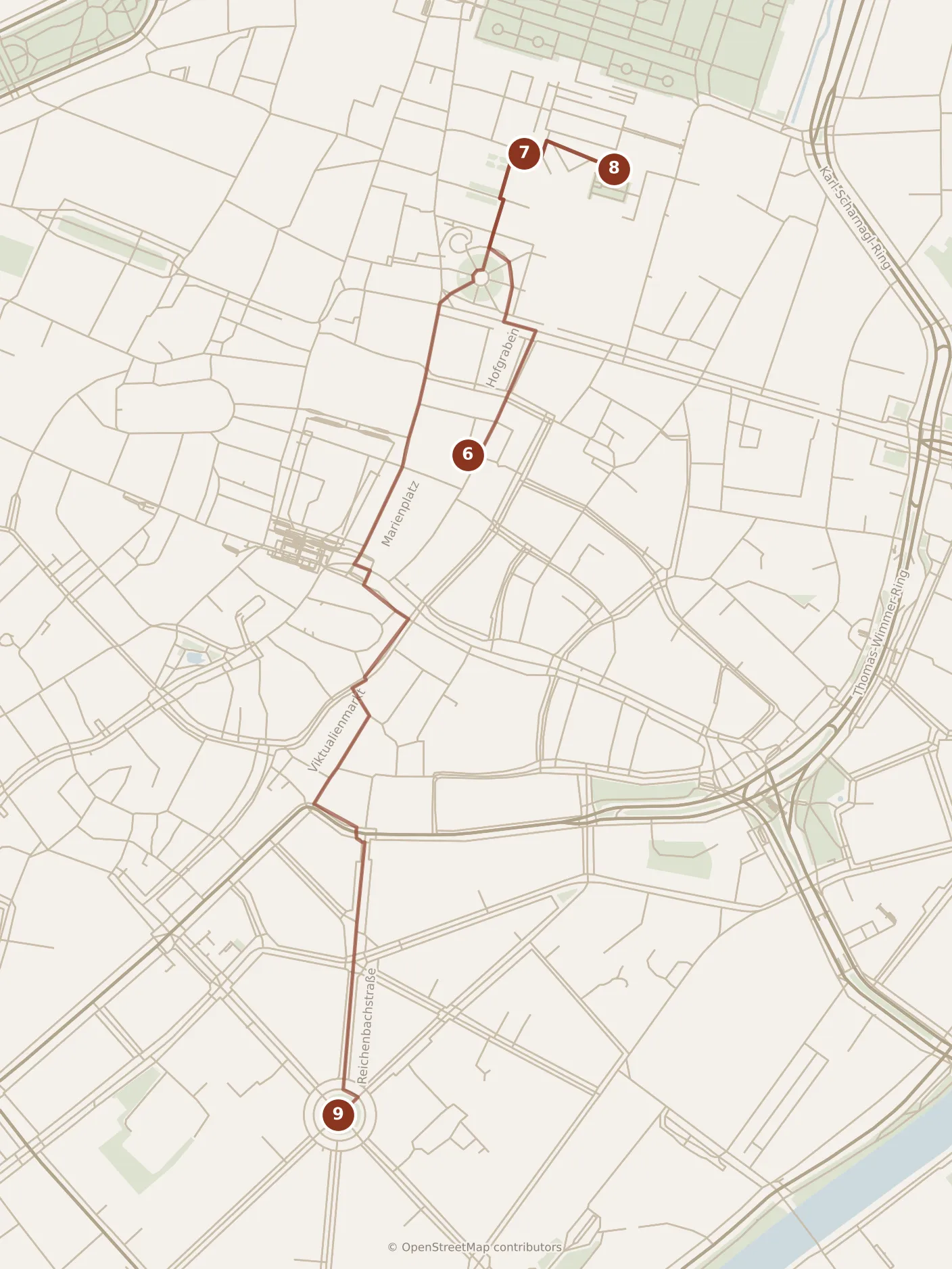 Map of Munich, afternoon and evening: stops 6–9, numbered in walking order.