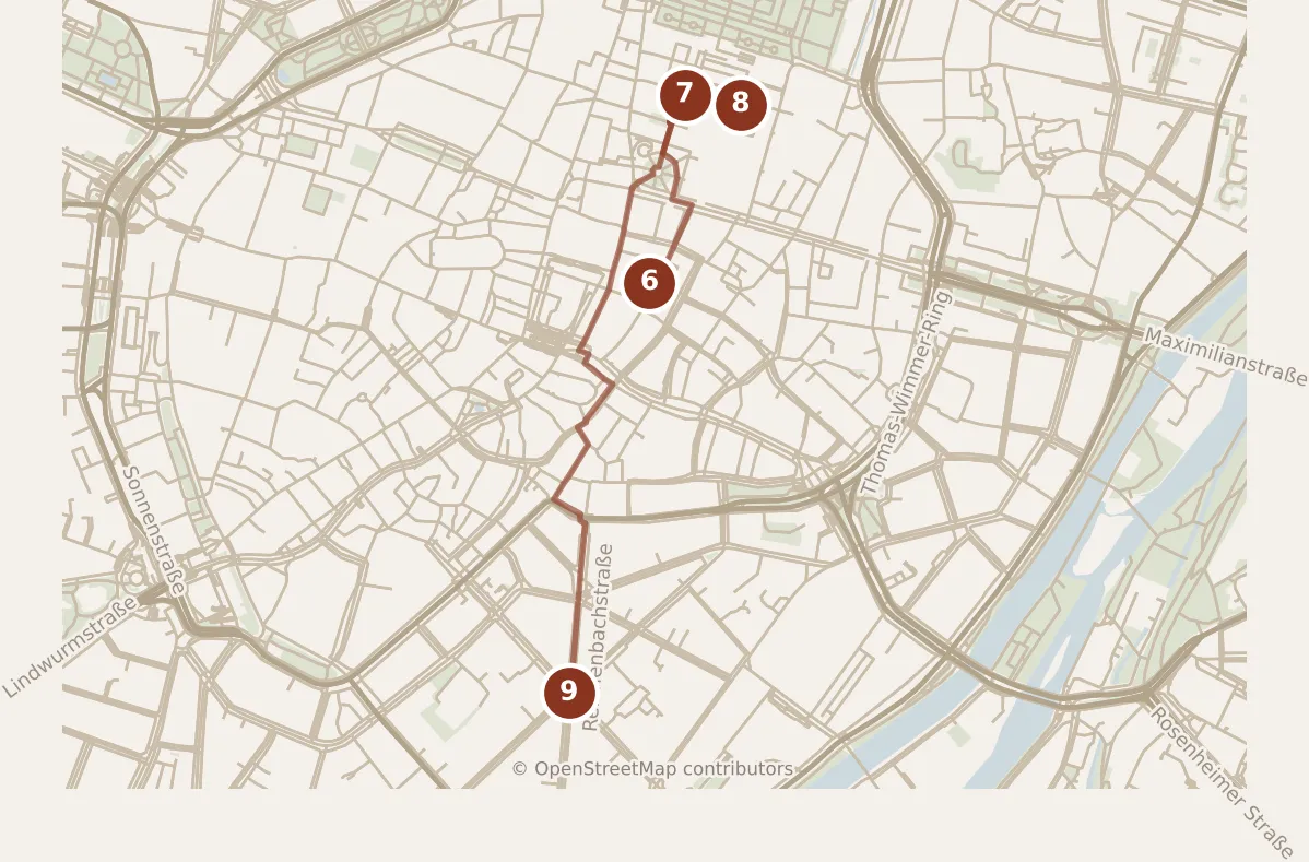 Map of Munich, afternoon and evening: stops 6–9, numbered in walking order.