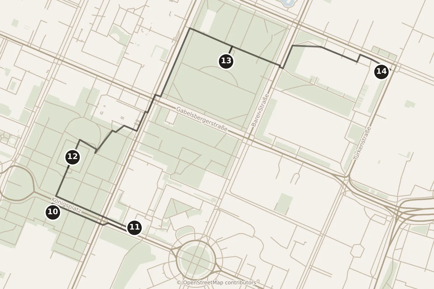 Map of Munich, morning and afternoon: stops 10–14, numbered in walking order.