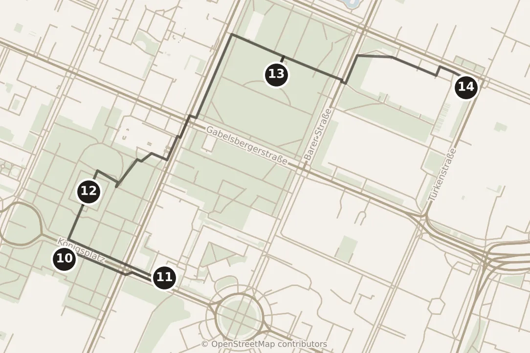 Map of Munich, morning and afternoon: stops 10–14, numbered in walking order.