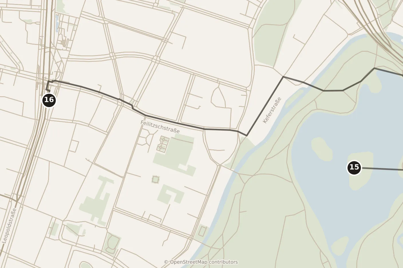 Map of Munich, evening: stops 15–16, numbered in walking order.