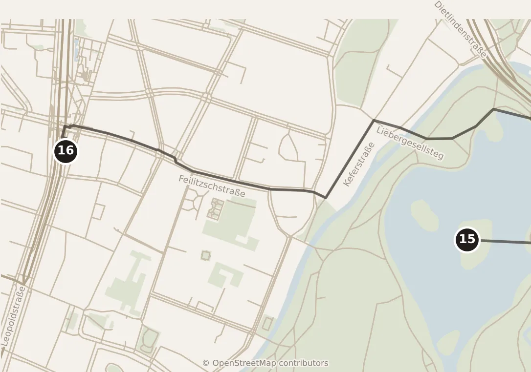 Map of Munich, evening: stops 15–16, numbered in walking order.