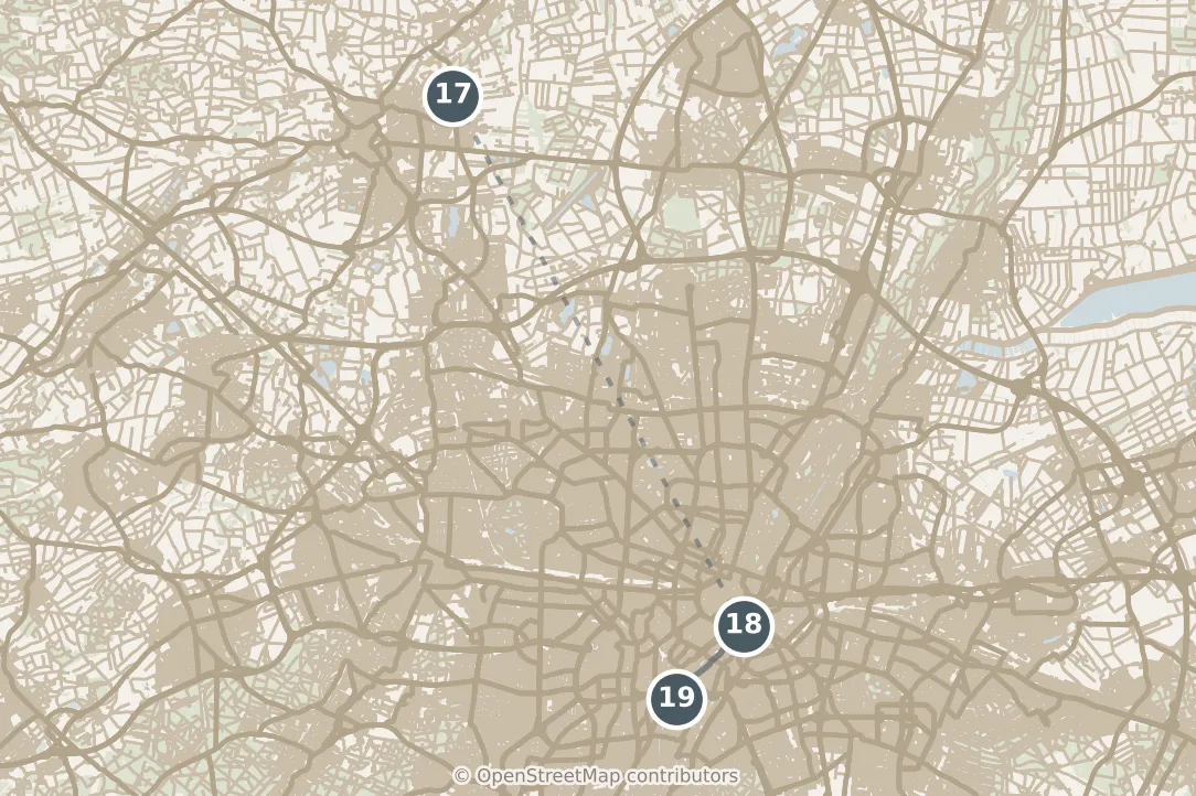 Map of Munich, with a third day: stops 17–19, numbered in walking order.