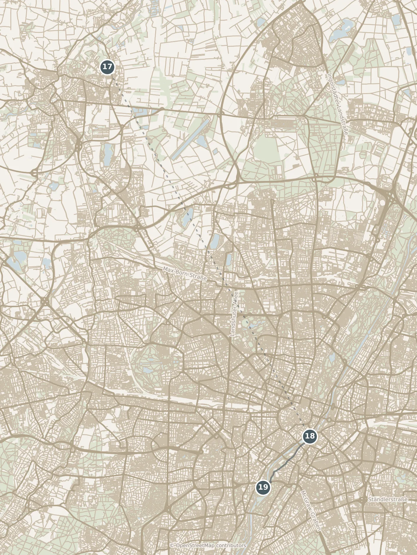 Map of Munich, with a third day: stops 17–19, numbered in walking order.