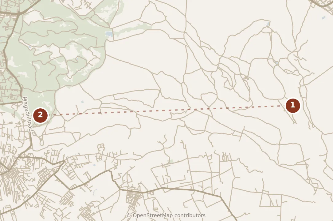 Map of Nairobi, morning: stops 1–2, numbered in walking order.