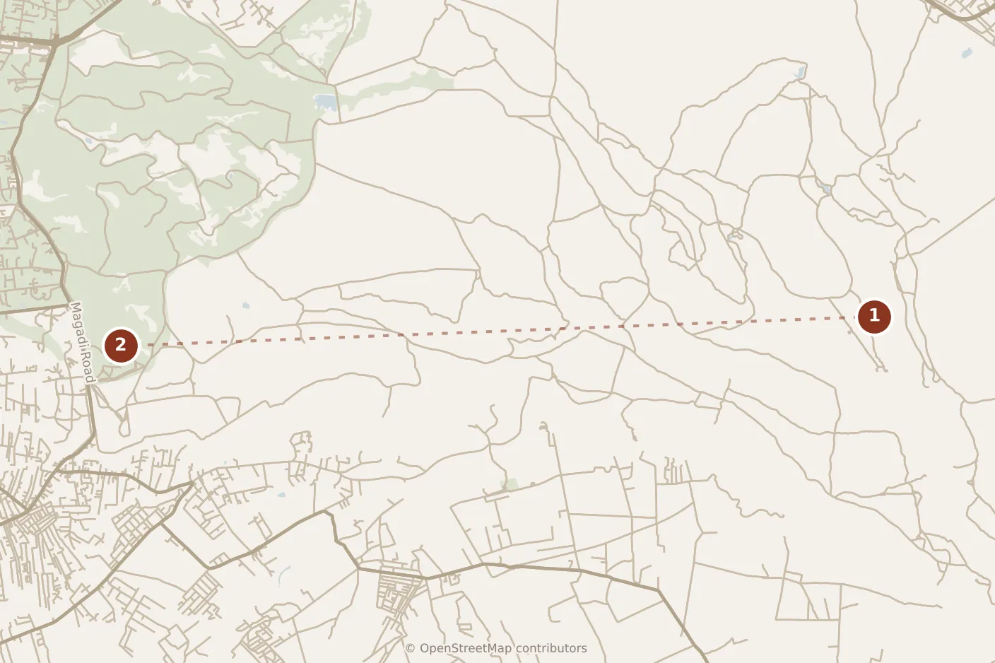 Map of Nairobi, morning: stops 1–2, numbered in walking order.