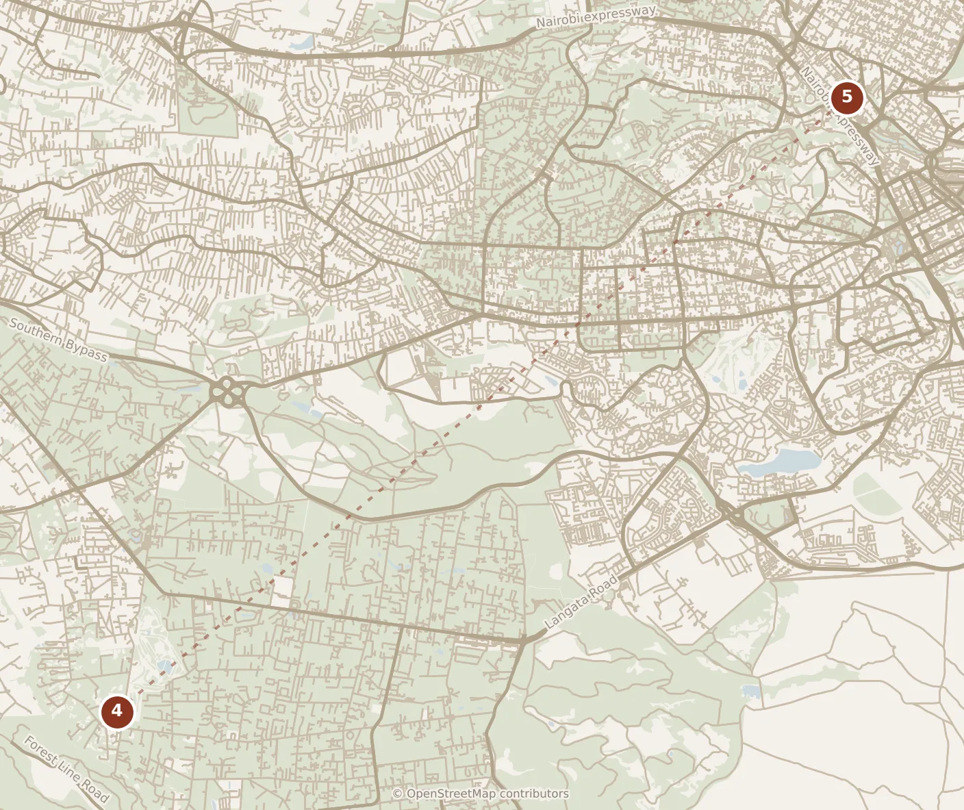 Map of Nairobi, evening: stop 5, numbered in walking order.