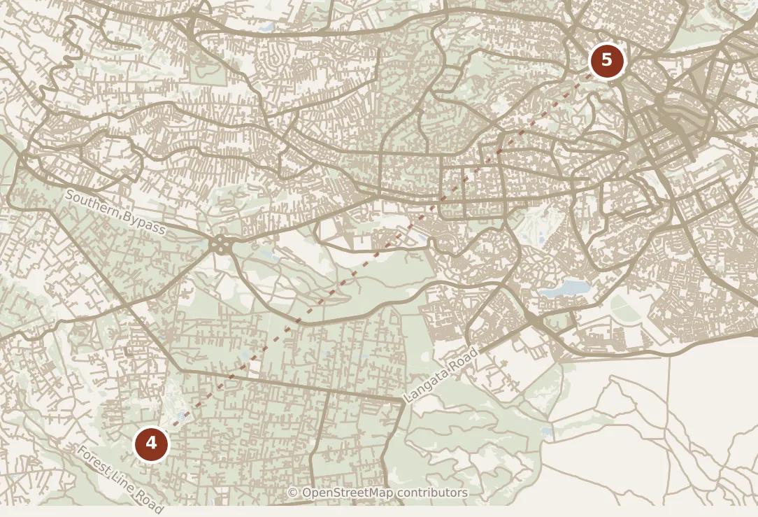 Map of Nairobi, evening: stop 5, numbered in walking order.