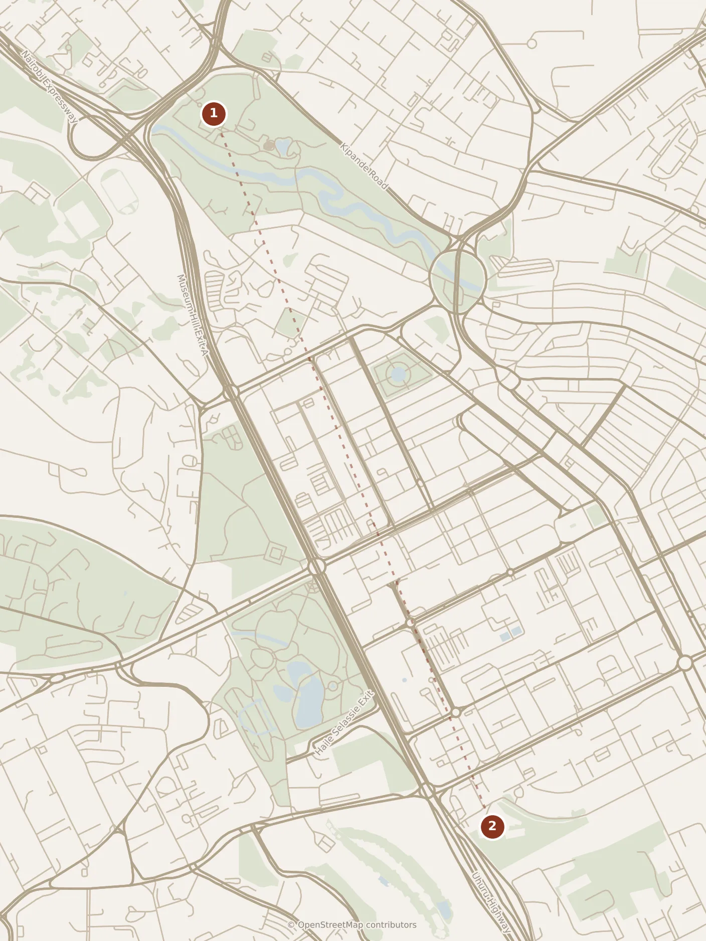 Map of Nairobi, morning: stop 1, numbered in walking order.