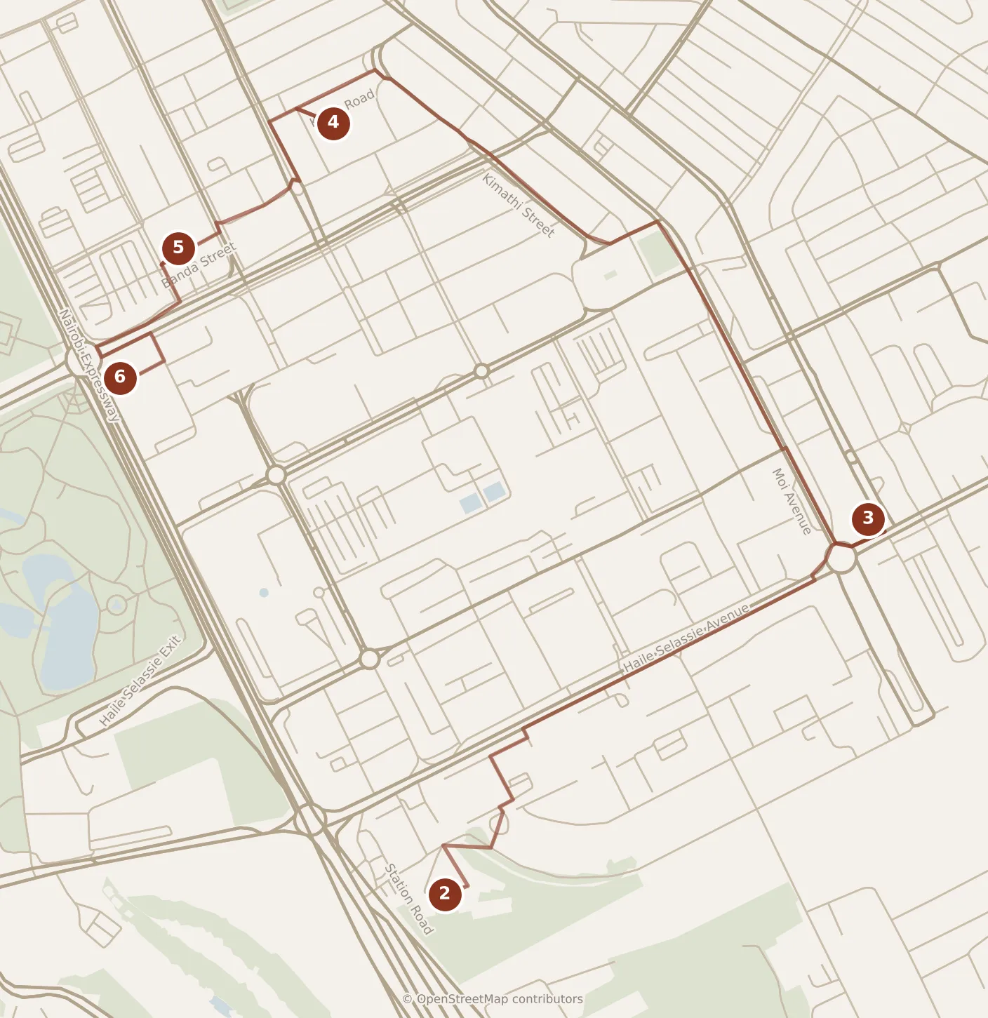 Map of Nairobi, afternoon: stops 2–6, numbered in walking order.