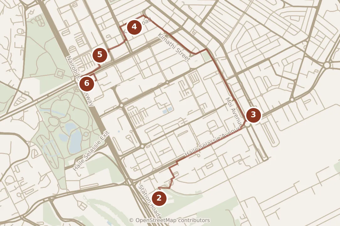 Map of Nairobi, afternoon: stops 2–6, numbered in walking order.
