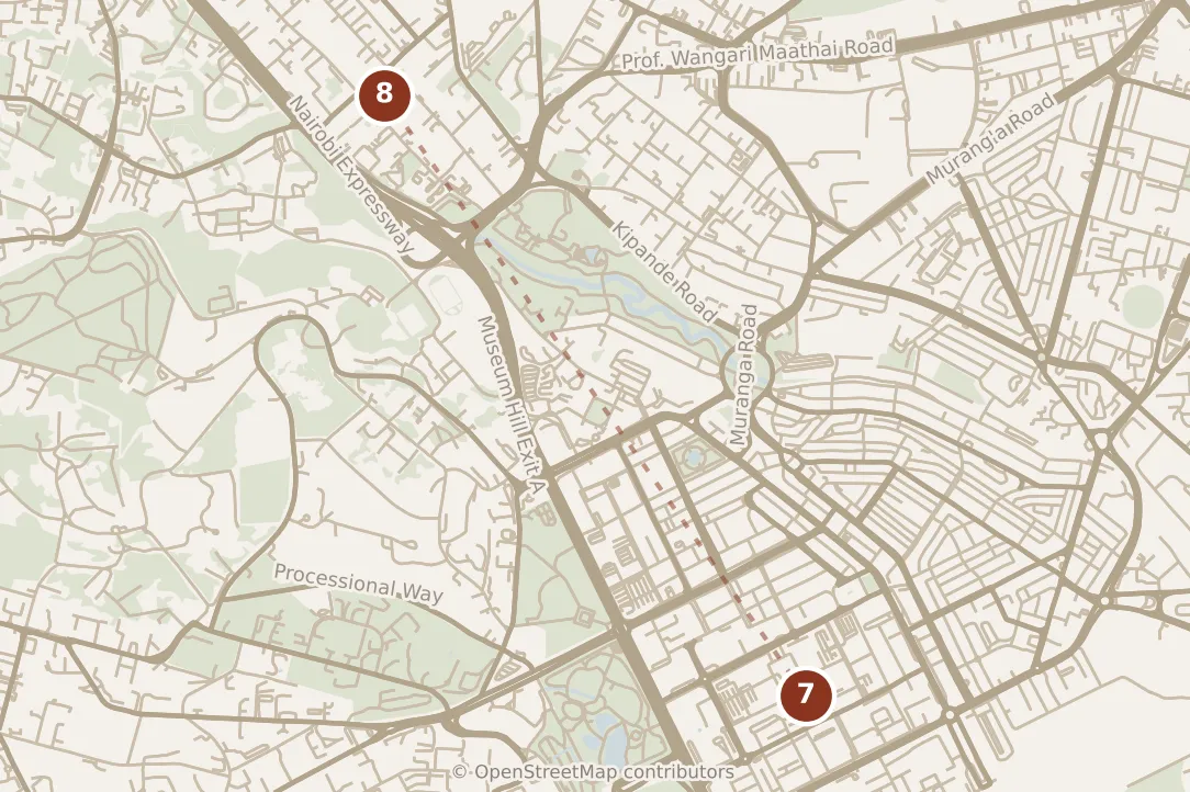 Map of Nairobi, evening: stops 7–8, numbered in walking order.
