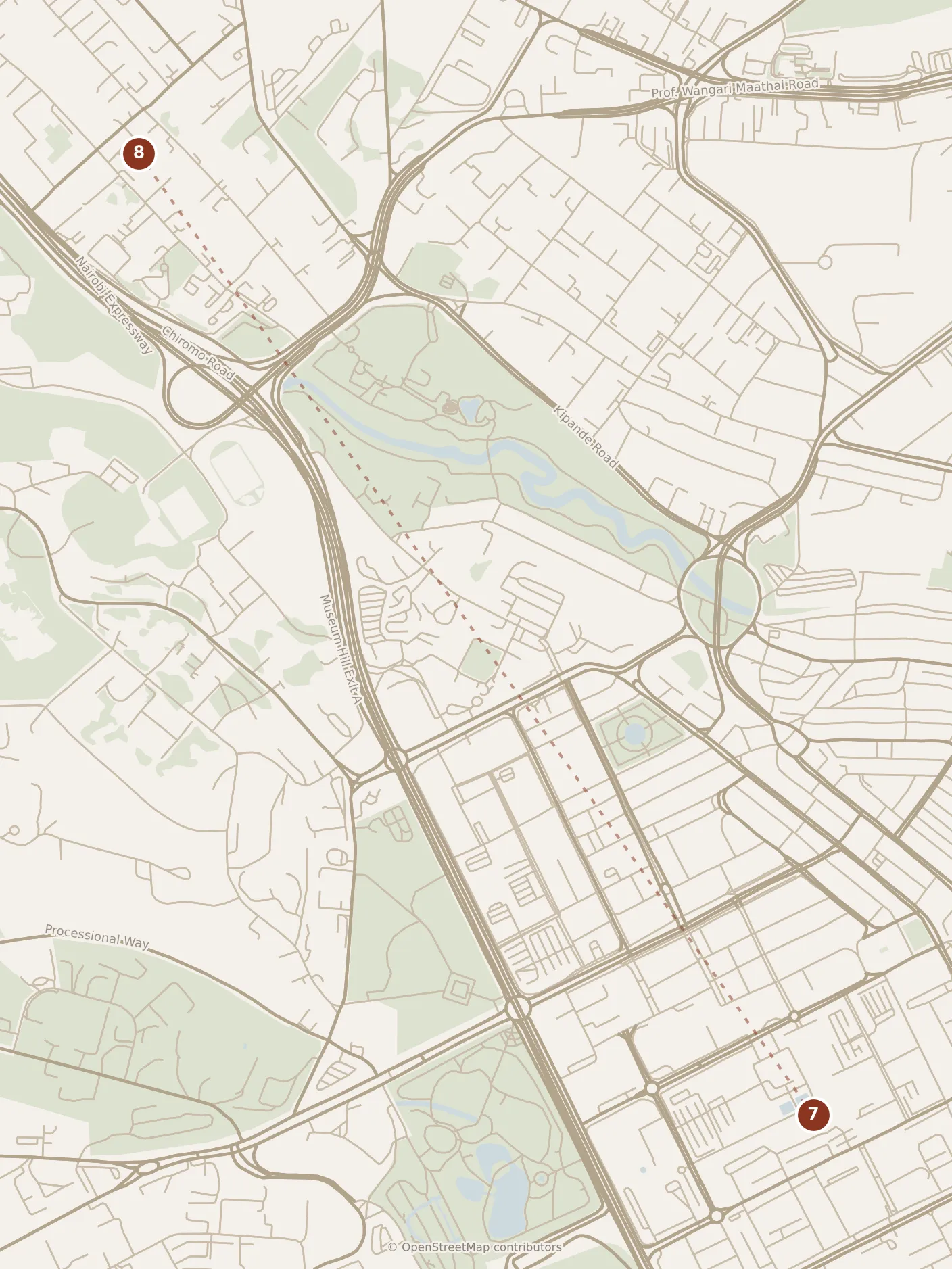 Map of Nairobi, evening: stops 7–8, numbered in walking order.