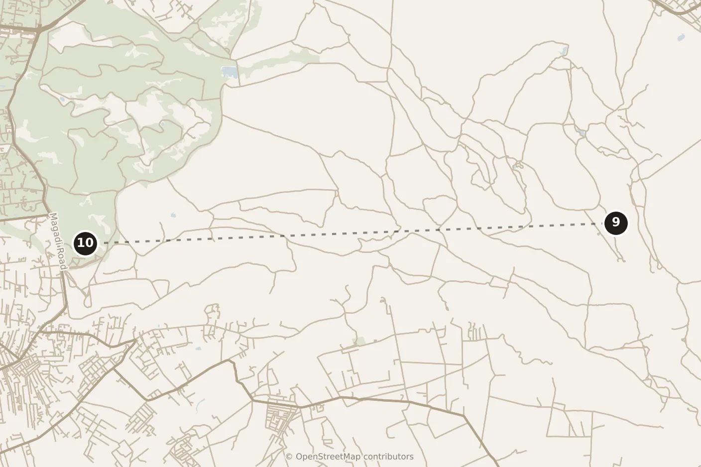Map of Nairobi, morning: stops 9–10, numbered in walking order.