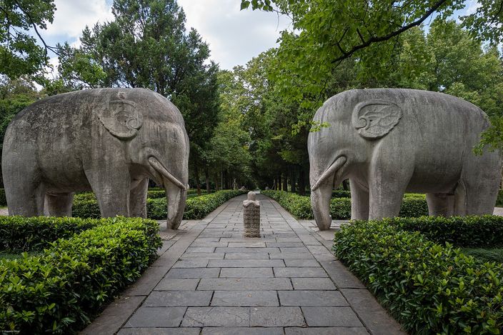 Two facing rows of large stone elephant statues lining the paved Sacred Way at Ming Xiaoling, framed by trees.