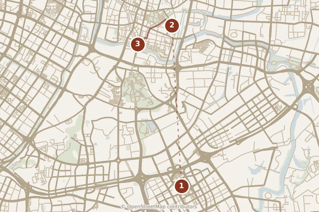 Map of Nanjing, morning: stops 1–3, numbered in walking order.