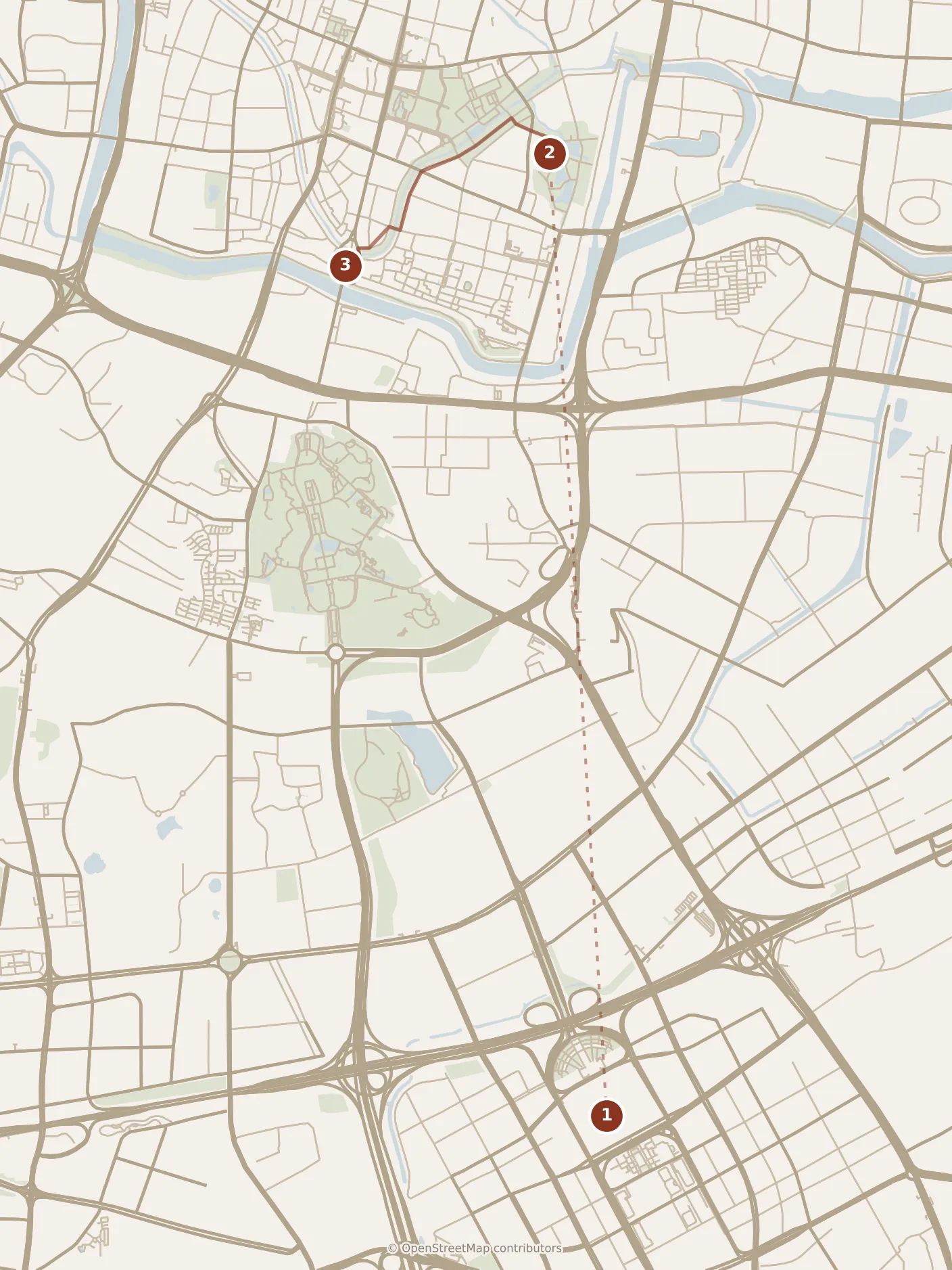 Map of Nanjing, morning: stops 1–3, numbered in walking order.