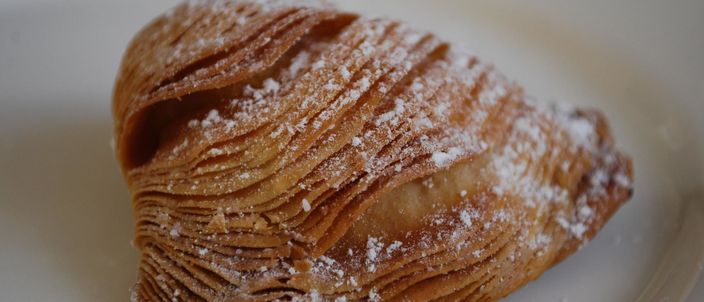 A single sfogliatella riccia on a white plate, its crisp fan of thin baked pastry layers dusted with icing sugar