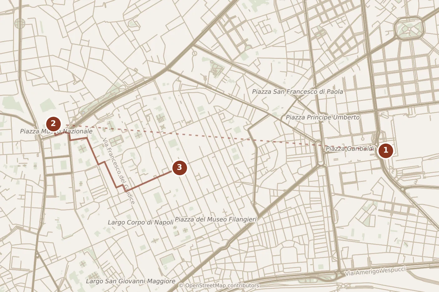 Map of Naples, morning: stops 1–3, numbered in walking order.