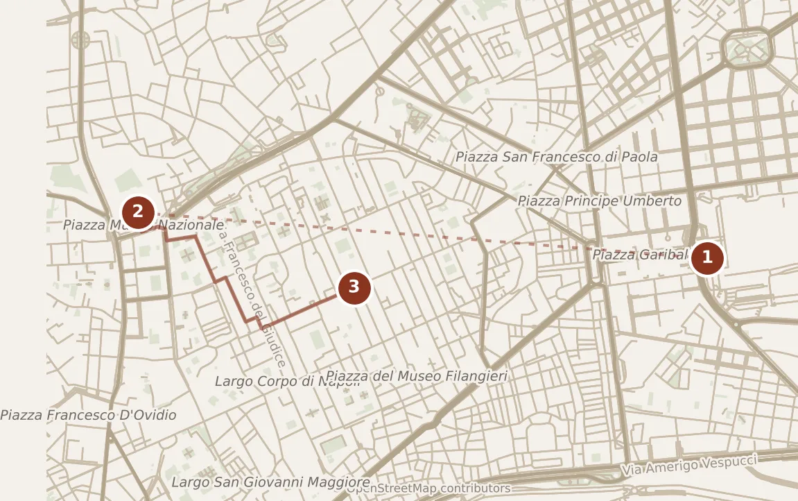 Map of Naples, morning: stops 1–3, numbered in walking order.